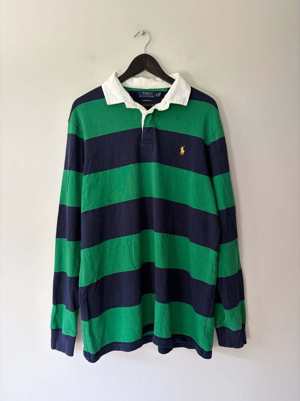 Polo Ralph Lauren Rugby Shirt Size XL Green & Navy Striped Long Sleeve